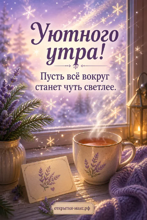 Дымящаяся чашка чая с лавандой у заснеженного окна, рядом фонарь и вязаный плед, надпись «Уютного утра!»