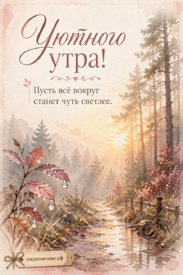 Дымящаяся чашка чая с лавандой у заснеженного окна, рядом фонарь и вязаный плед, надпись «Уютного утра!» — вариант 2
