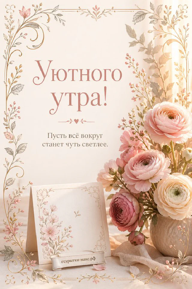 Дымящаяся чашка чая с лавандой у заснеженного окна, рядом фонарь и вязаный плед, надпись «Уютного утра!» — вариант 3