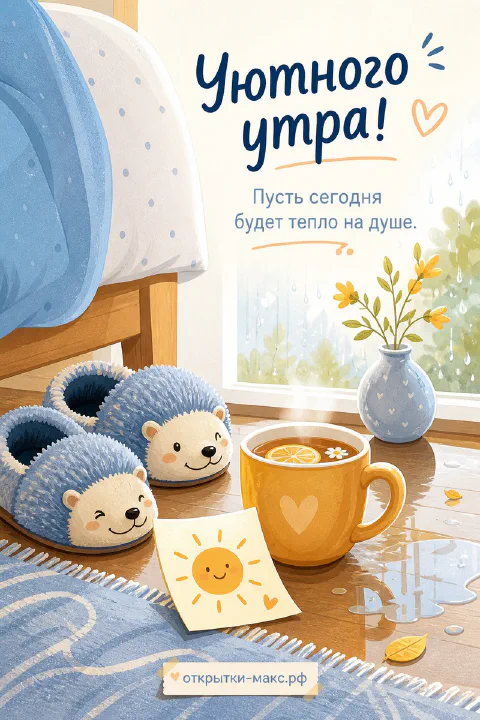 Уютная спальня: чашка чая с лимоном, голубые тапочки-ёжики, ваза с веточками у окна и надпись «Уютного утра»
