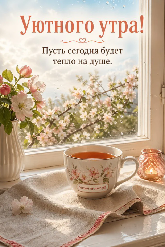 Уютная спальня: чашка чая с лимоном, голубые тапочки-ёжики, ваза с веточками у окна и надпись «Уютного утра» — вариант 5