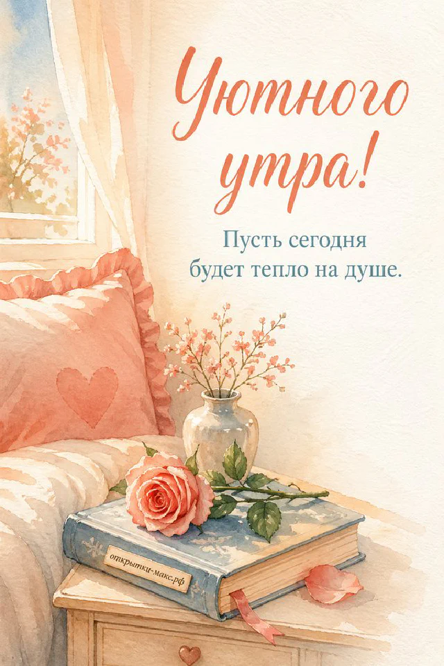 Уютная спальня: чашка чая с лимоном, голубые тапочки-ёжики, ваза с веточками у окна и надпись «Уютного утра» — вариант 6