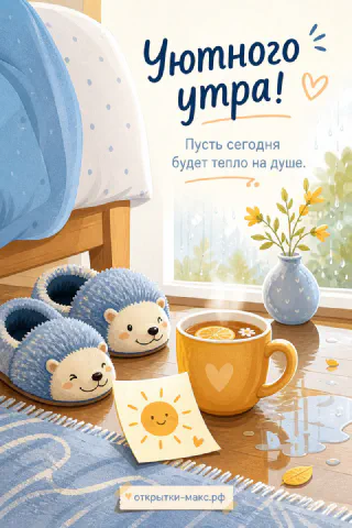 Уютная спальня: чашка чая с лимоном, голубые тапочки-ёжики, ваза с веточками у окна и надпись «Уютного утра»