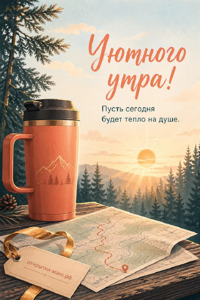 Уютная спальня: чашка чая с лимоном, голубые тапочки-ёжики, ваза с веточками у окна и надпись «Уютного утра» — вариант 2