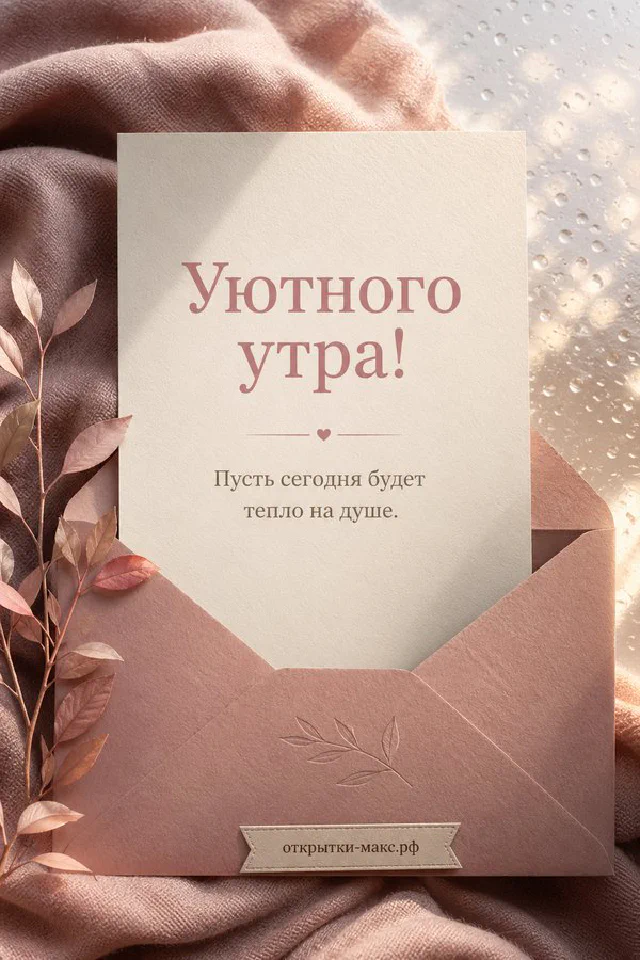 Уютная спальня: чашка чая с лимоном, голубые тапочки-ёжики, ваза с веточками у окна и надпись «Уютного утра» — вариант 4