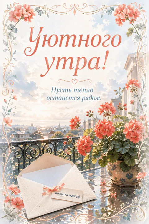 Горшок с ярко-красной геранью и конверт с лентой на балконе с кованой решёткой на фоне утреннего города