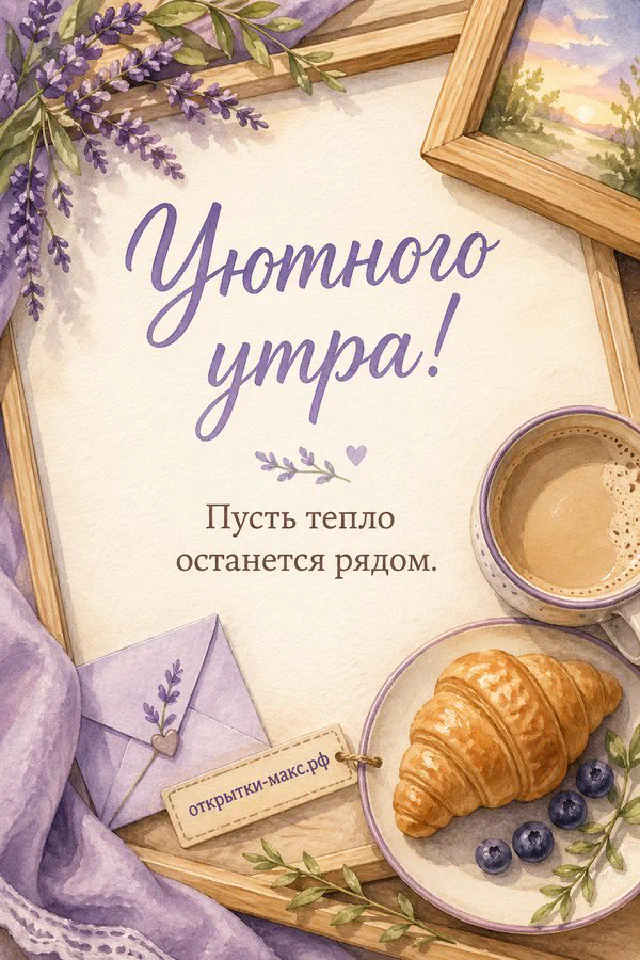 Горшок с ярко-красной геранью и конверт с лентой на балконе с кованой решёткой на фоне утреннего города — вариант 3