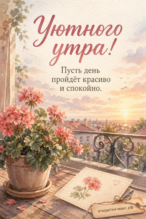 Горшок с красной геранью на балконе с видом на рассвет и конверт с сердечком, надпись «Уютного утра»