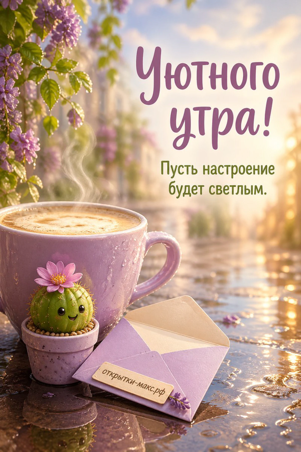 Сиреневая чашка кофе с пенкой и горшочек с улыбающимся кактусом и розовым цветком, рядом конверт и ветка сирени