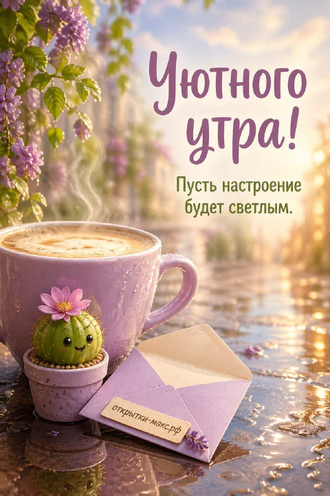 Сиреневая чашка кофе с пенкой и горшочек с улыбающимся кактусом и розовым цветком, рядом конверт и ветка сирени