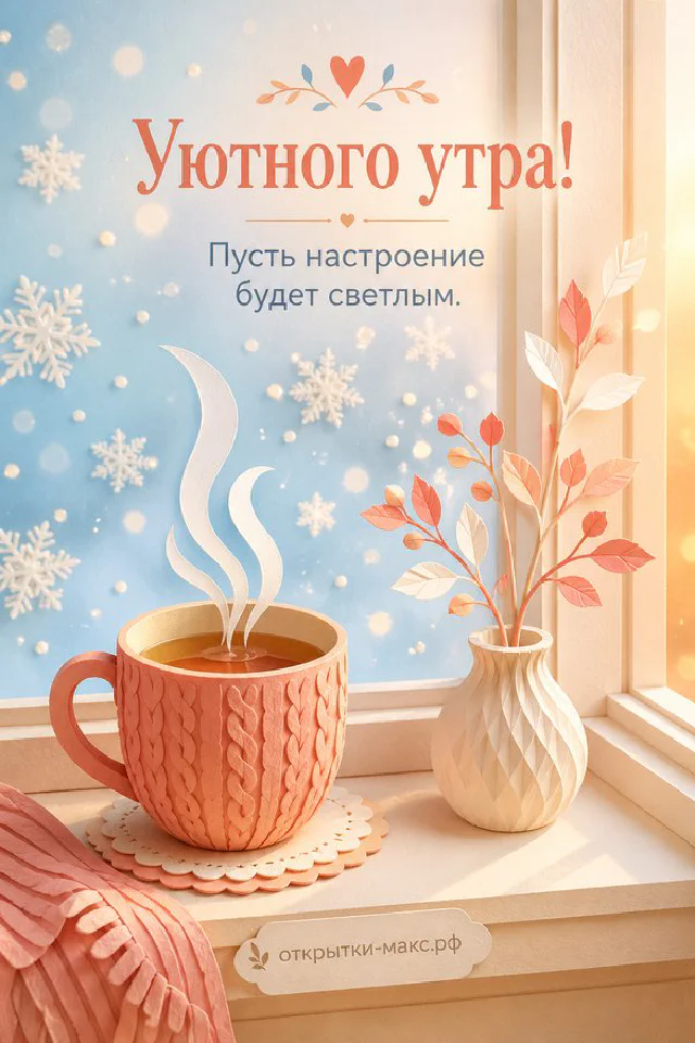 Сиреневая чашка кофе с пенкой и горшочек с улыбающимся кактусом и розовым цветком, рядом конверт и ветка сирени — вариант 3