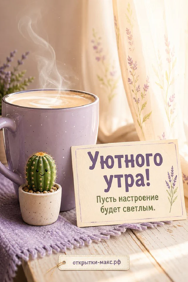 Сиреневая чашка кофе с пенкой и горшочек с улыбающимся кактусом и розовым цветком, рядом конверт и ветка сирени — вариант 5