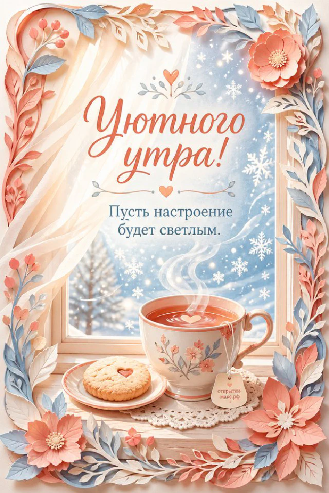 Сиреневая чашка кофе с пенкой и горшочек с улыбающимся кактусом и розовым цветком, рядом конверт и ветка сирени — вариант 2