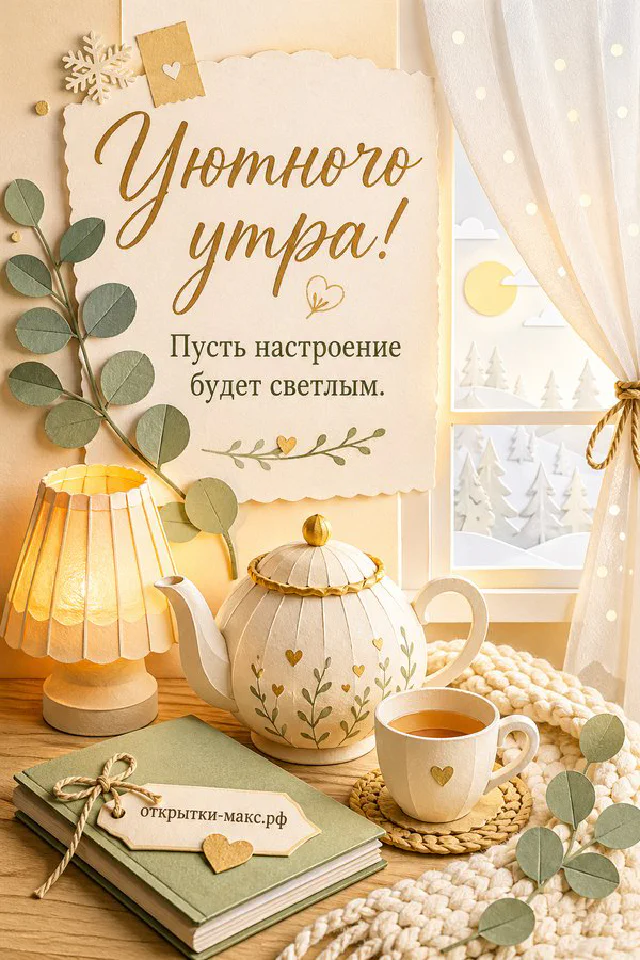 Сиреневая чашка кофе с пенкой и горшочек с улыбающимся кактусом и розовым цветком, рядом конверт и ветка сирени — вариант 4