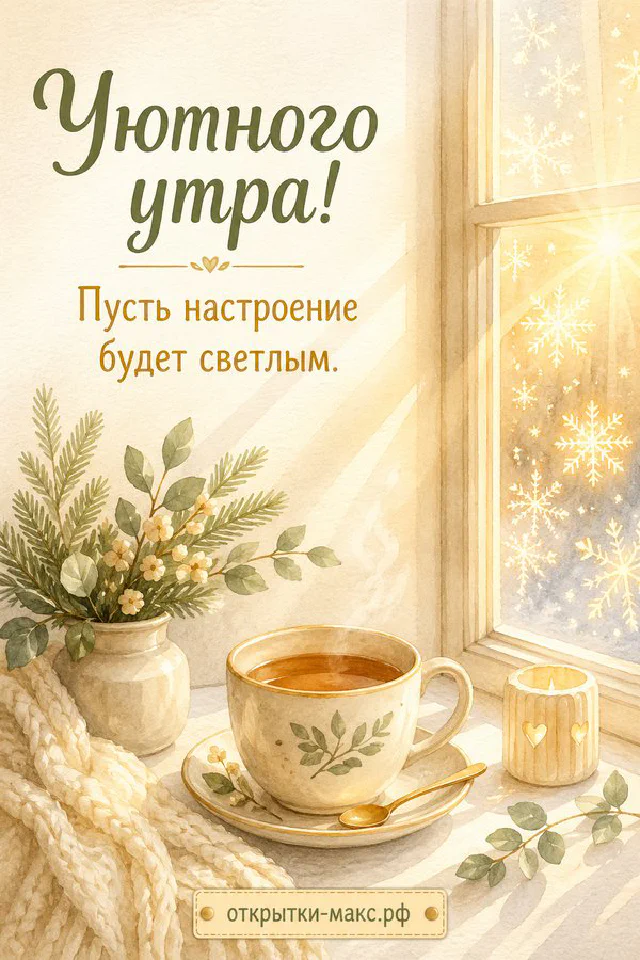 Сиреневая чашка кофе с пенкой и горшочек с улыбающимся кактусом и розовым цветком, рядом конверт и ветка сирени — вариант 6