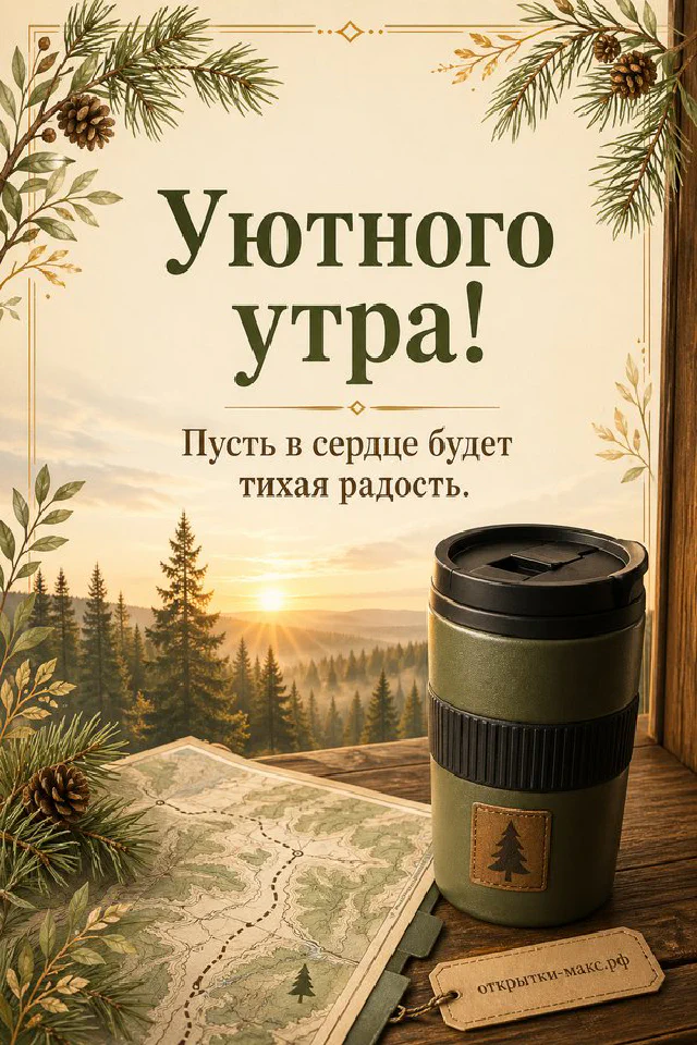 Чашка горячего кофе рядом с раскрытой книгой на тёплом столе, надпись «Уютного утра» — вариант 2