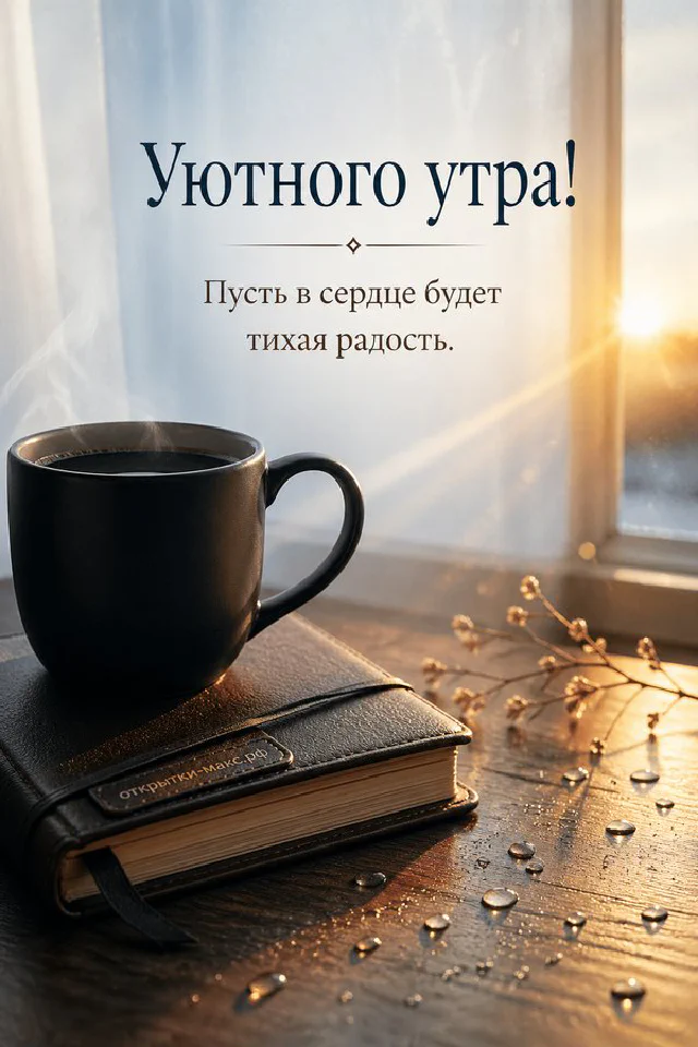 Чашка горячего кофе рядом с раскрытой книгой на тёплом столе, надпись «Уютного утра» — вариант 3