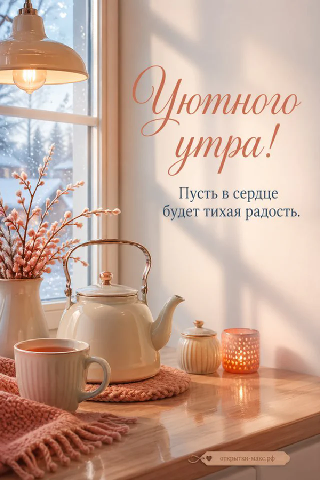 Чашка горячего кофе рядом с раскрытой книгой на тёплом столе, надпись «Уютного утра» — вариант 4