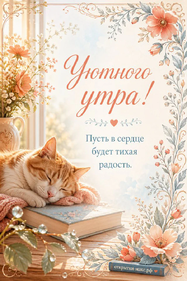 Чашка горячего кофе рядом с раскрытой книгой на тёплом столе, надпись «Уютного утра» — вариант 5