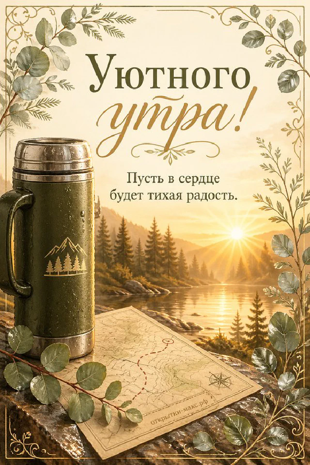 Чашка горячего кофе рядом с раскрытой книгой на тёплом столе, надпись «Уютного утра» — вариант 7
