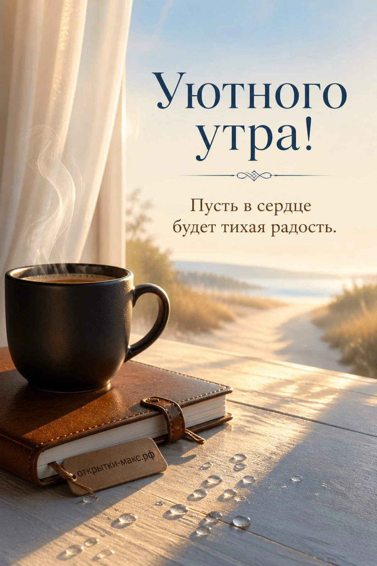 Чашка горячего кофе рядом с раскрытой книгой на тёплом столе, надпись «Уютного утра»