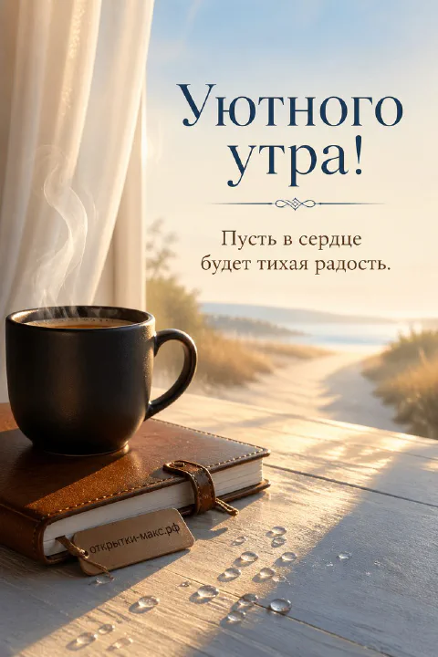 Чашка горячего кофе рядом с раскрытой книгой на тёплом столе, надпись «Уютного утра»