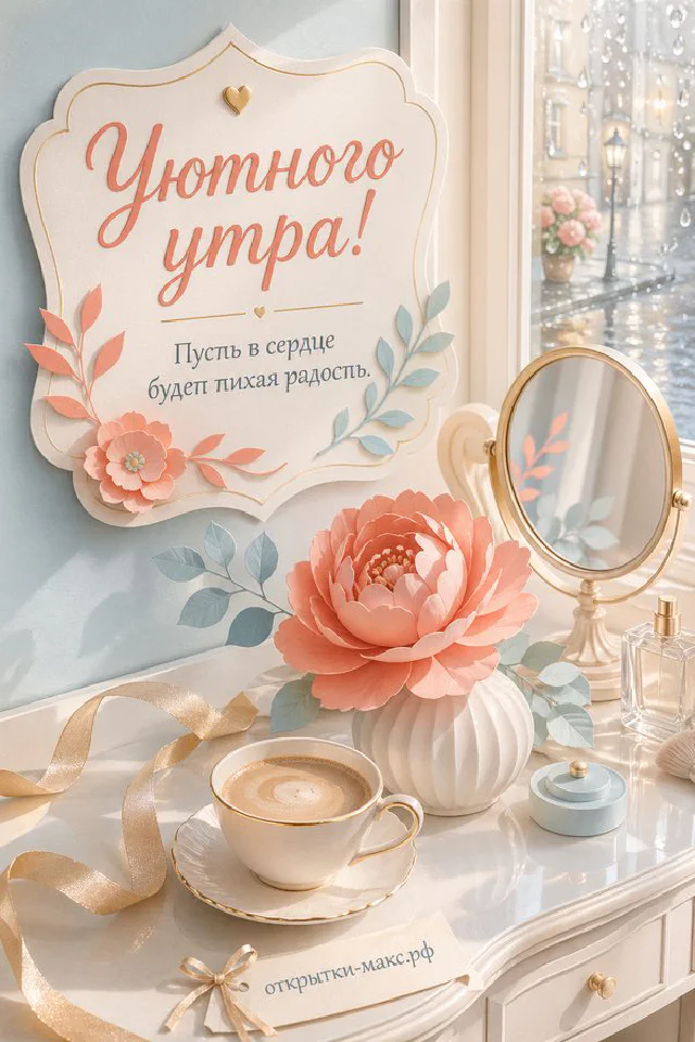 Чашка горячего кофе рядом с раскрытой книгой на тёплом столе, надпись «Уютного утра» — вариант 6