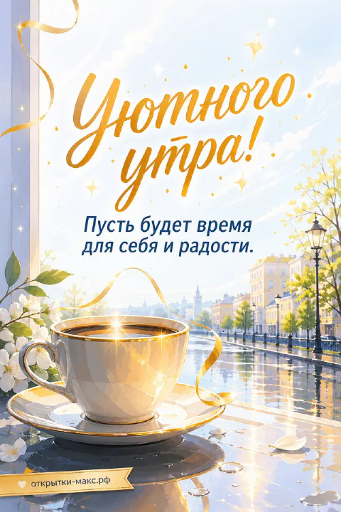 Чашка кофе на блюдце у окна с видом на город и надписью «Уютного утра»
