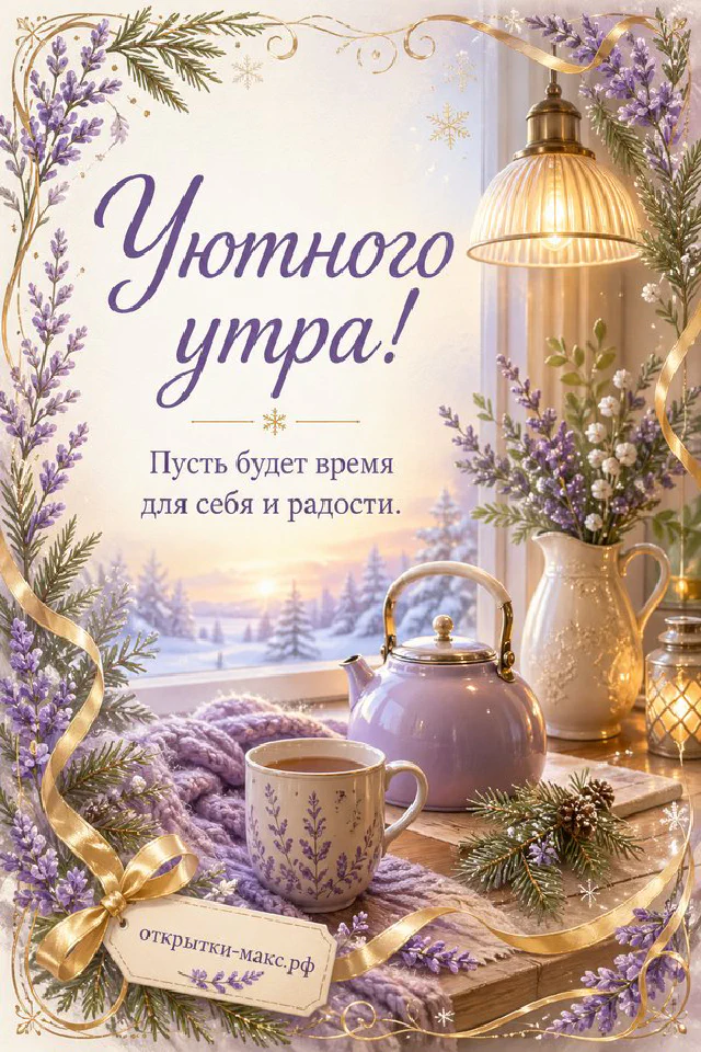 Чашка кофе на блюдце у окна с видом на город и надписью «Уютного утра» — вариант 3