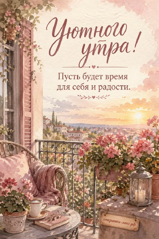 Чашка кофе на блюдце у окна с видом на город и надписью «Уютного утра» — вариант 4