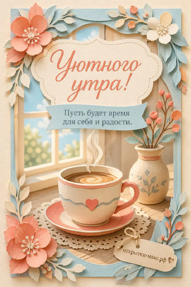 Чашка кофе на блюдце у окна с видом на город и надписью «Уютного утра» — вариант 5