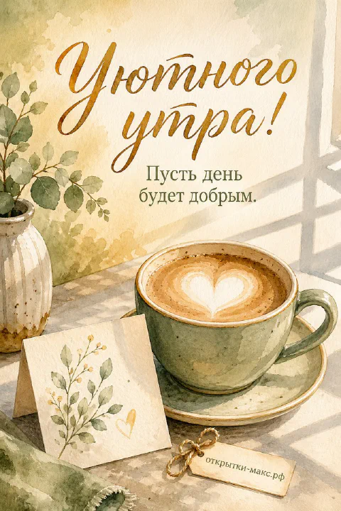 Чашка латте с сердечком из молочной пенки, эвкалипт в вазе и записочка с цветами — открытка Уютного утра