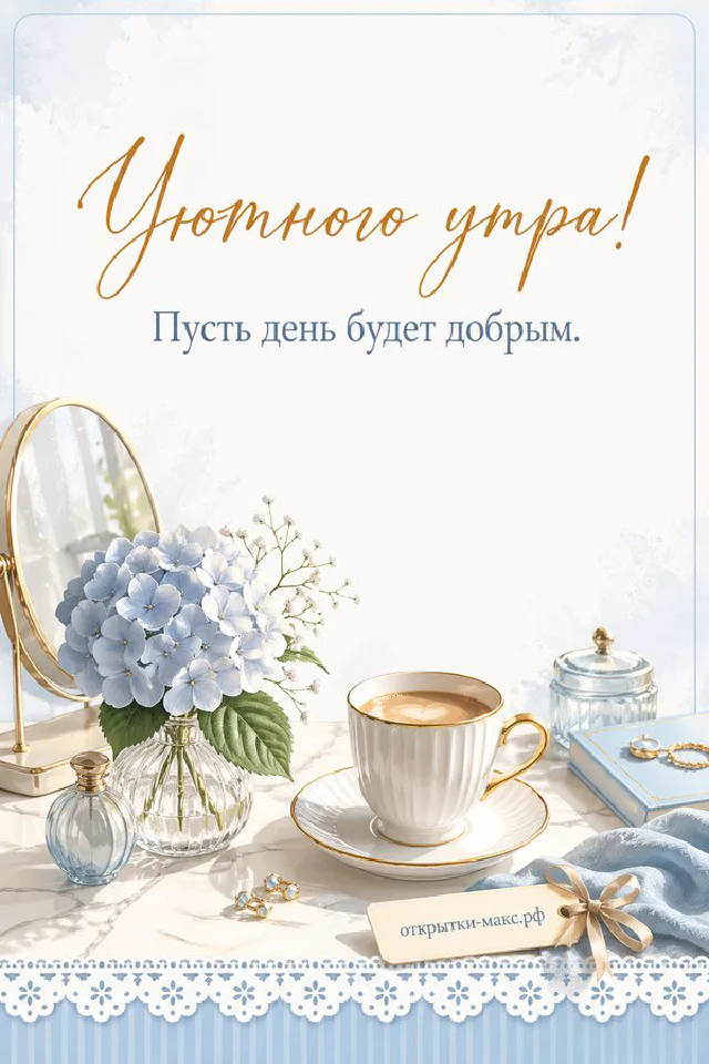 Чашка латте с сердечком из молочной пенки, эвкалипт в вазе и записочка с цветами — открытка Уютного утра — вариант 2