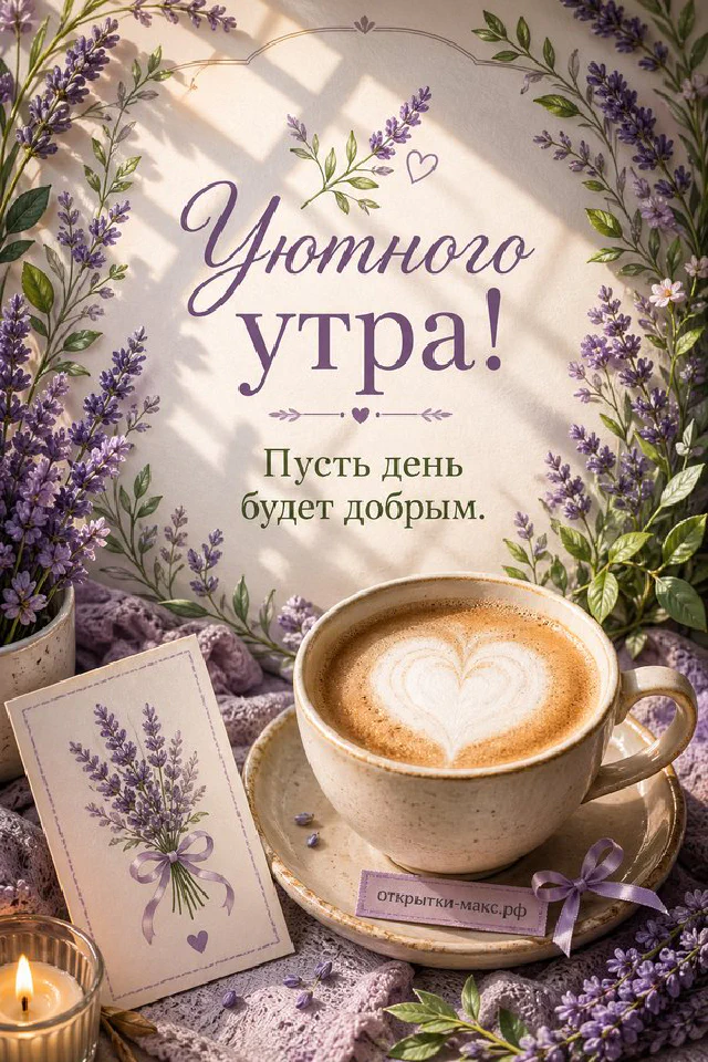 Чашка латте с сердечком из молочной пенки, эвкалипт в вазе и записочка с цветами — открытка Уютного утра — вариант 4