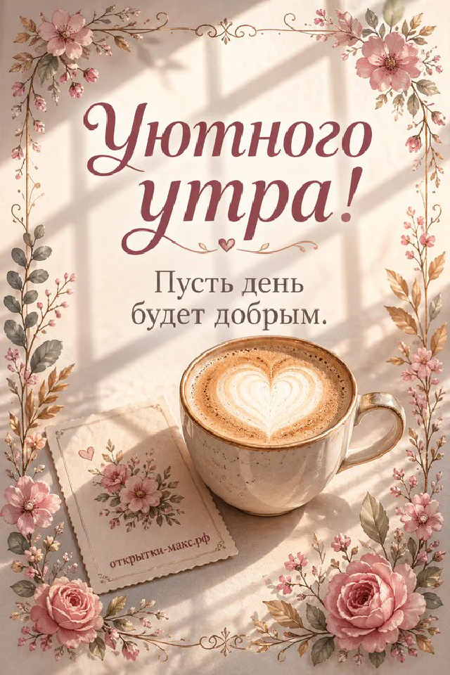 Чашка латте с сердечком из молочной пенки, эвкалипт в вазе и записочка с цветами — открытка Уютного утра — вариант 6