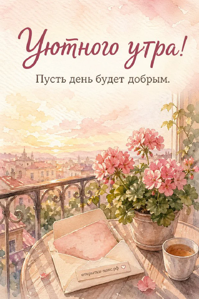 Чашка латте с сердечком из молочной пенки, эвкалипт в вазе и записочка с цветами — открытка Уютного утра — вариант 3