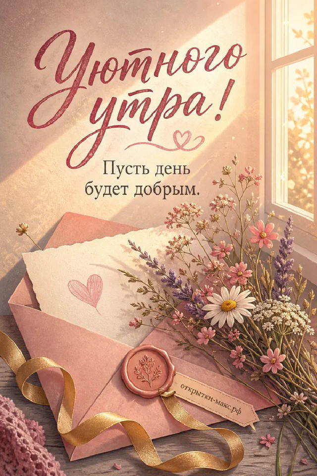 Чашка латте с сердечком из молочной пенки, эвкалипт в вазе и записочка с цветами — открытка Уютного утра — вариант 5