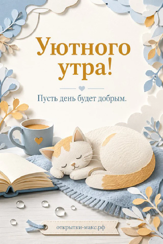 Чашка латте с сердечком из молочной пенки, эвкалипт в вазе и записочка с цветами — открытка Уютного утра — вариант 7