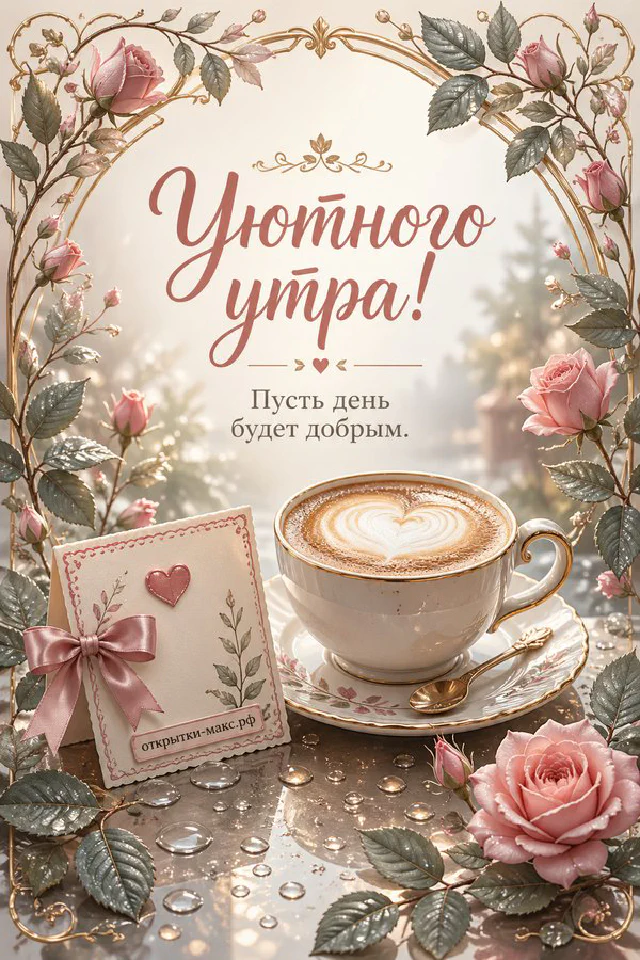 Чашка латте с сердечком из молочной пенки, эвкалипт в вазе и записочка с цветами — открытка Уютного утра — вариант 8