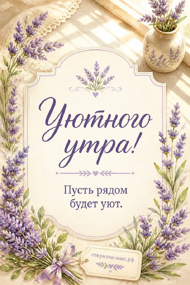 Полосатый рыжий котёнок тянет лапу к круассану, ваза с белыми цветами — открытка Уютного утра — вариант 8