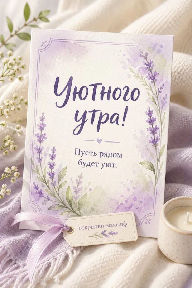 Полосатый рыжий котёнок тянет лапу к круассану, ваза с белыми цветами — открытка Уютного утра — вариант 2