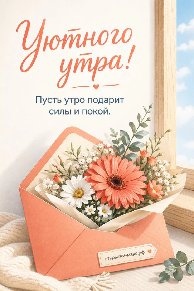 Акварельный рассвет над полем с нежно-розовыми травами и надписью «Уютного утра» — вариант 3