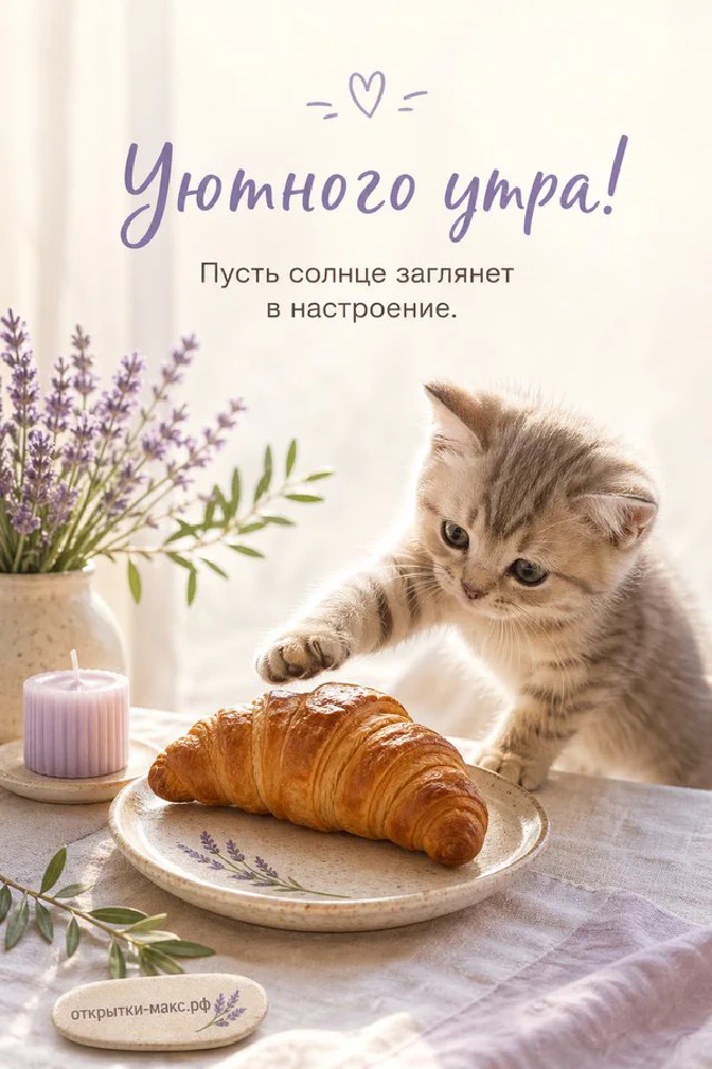 Нежная роза рядом с конвертом, перевязанным лентой, надпись «Уютного утра» — вариант 3