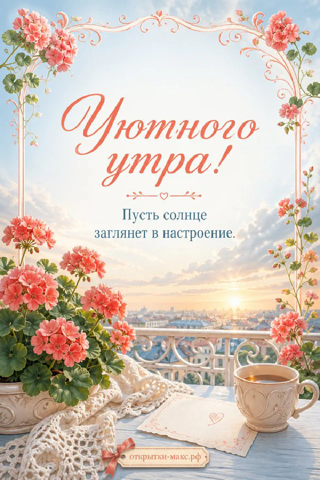 Нежная роза рядом с конвертом, перевязанным лентой, надпись «Уютного утра» — вариант 7