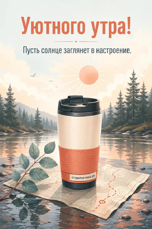 Нежная роза рядом с конвертом, перевязанным лентой, надпись «Уютного утра» — вариант 2