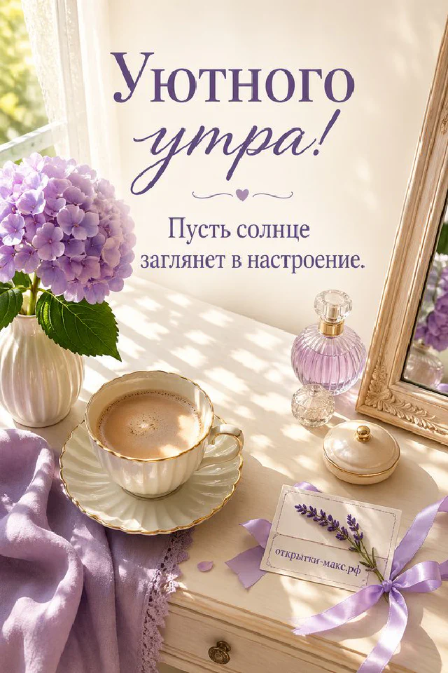 Нежная роза рядом с конвертом, перевязанным лентой, надпись «Уютного утра» — вариант 4