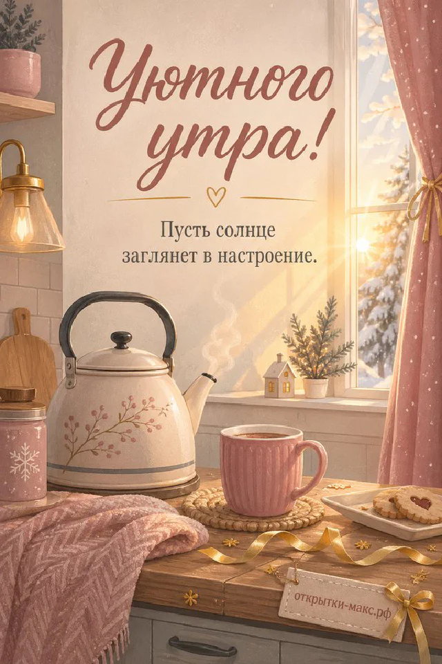 Нежная роза рядом с конвертом, перевязанным лентой, надпись «Уютного утра» — вариант 5