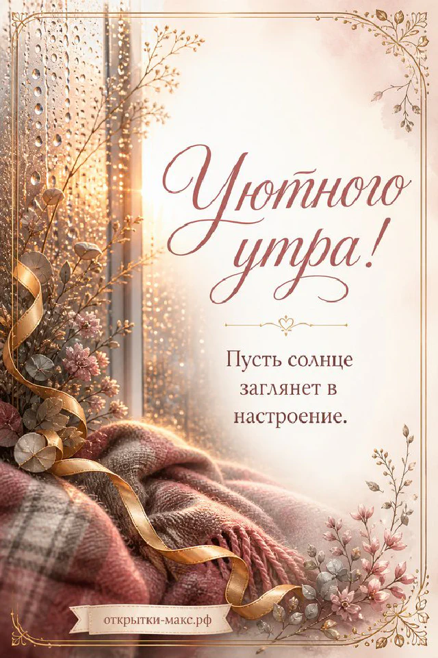 Нежная роза рядом с конвертом, перевязанным лентой, надпись «Уютного утра» — вариант 6