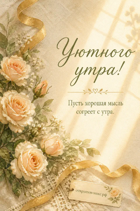 Букет кремовых роз с золотой лентой на льняном фоне и надписью Уютного утра