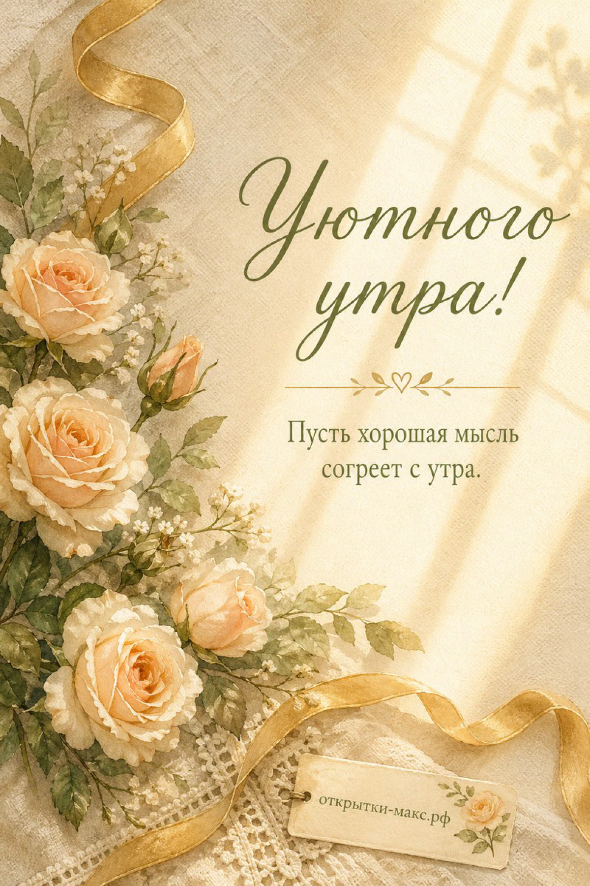 Букет кремовых роз с золотой лентой на льняном фоне и надписью Уютного утра